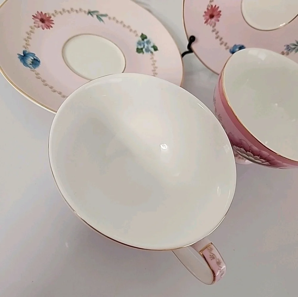 Grace Teaware Pink Floral Tea Cup Saucer Set 2 Cottagecore Gold Gilt Tea Party